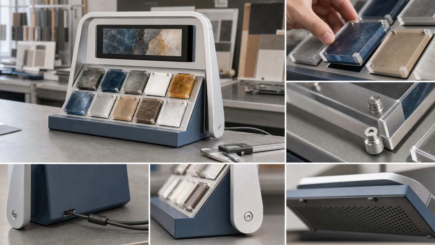 Productization review details for a material tile display