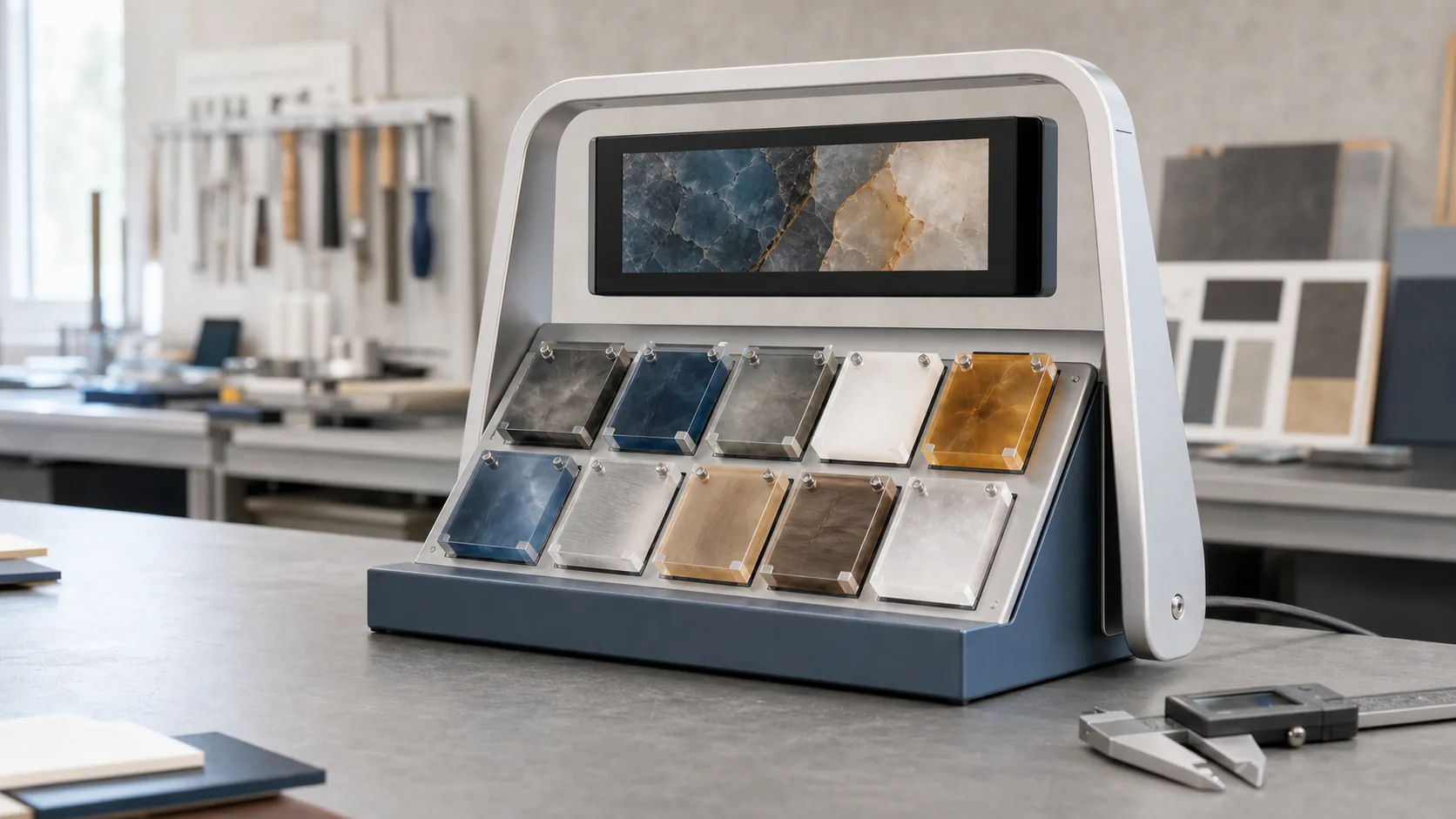 Completed fictional interactive material display prototype on an inspection table