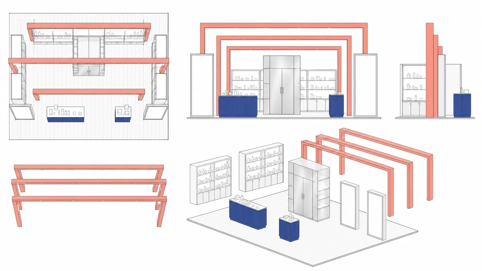 Basic layout and modular views for a fictional beauty exhibition booth
