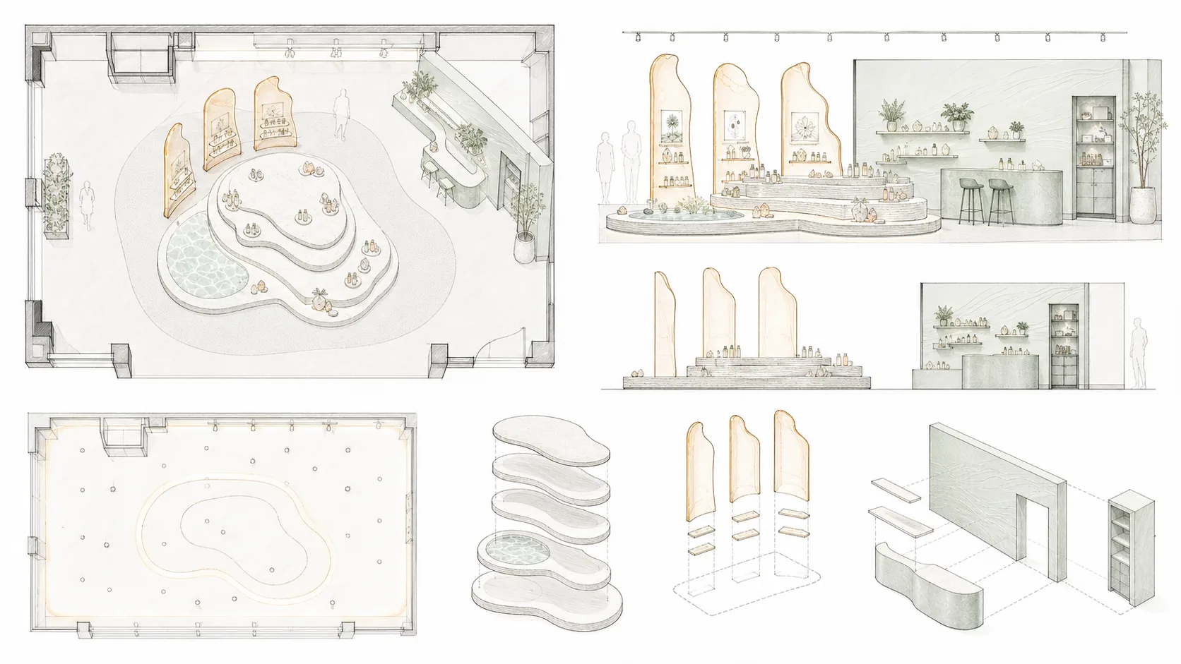 Basic plan elevation and component views for a fictional wellness pop-up