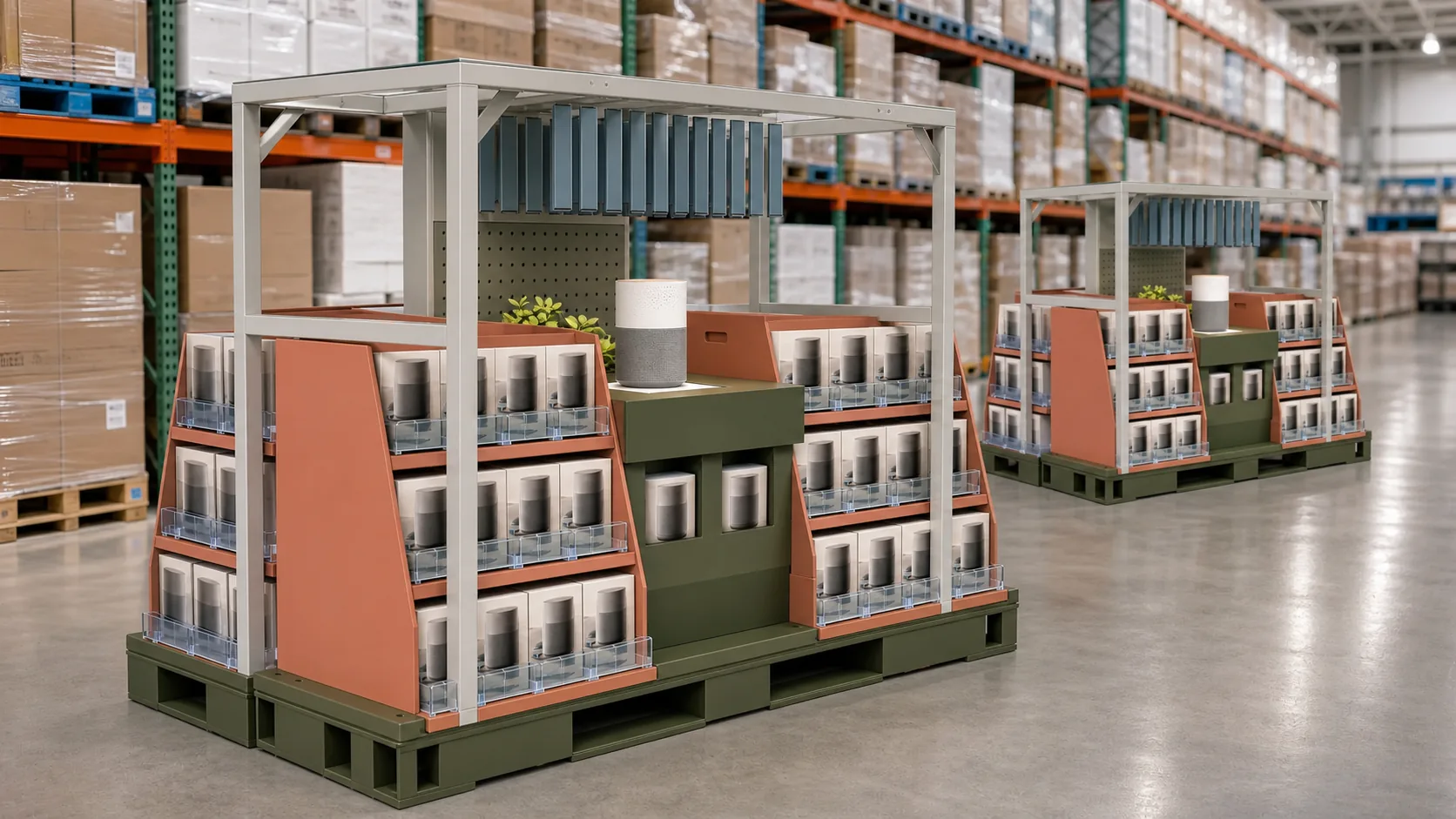 Fictional warehouse retail pallet display installed with home technology products