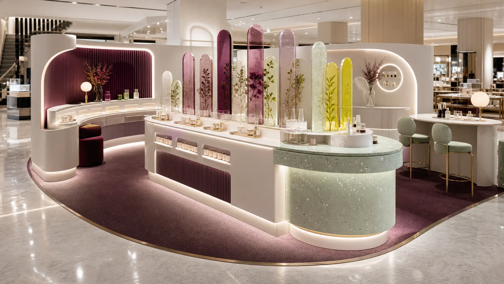 Fictional beauty and skincare ingredient discovery pop-up with translucent displays