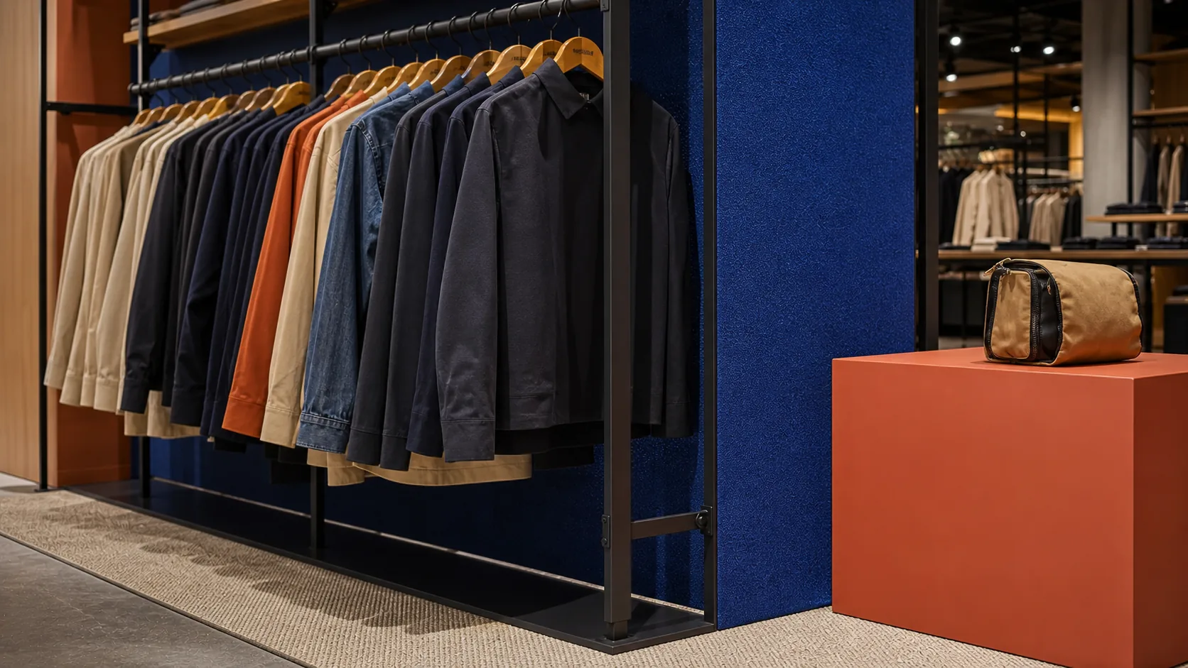 Modular rail joints and durable finish details for a fictional apparel display