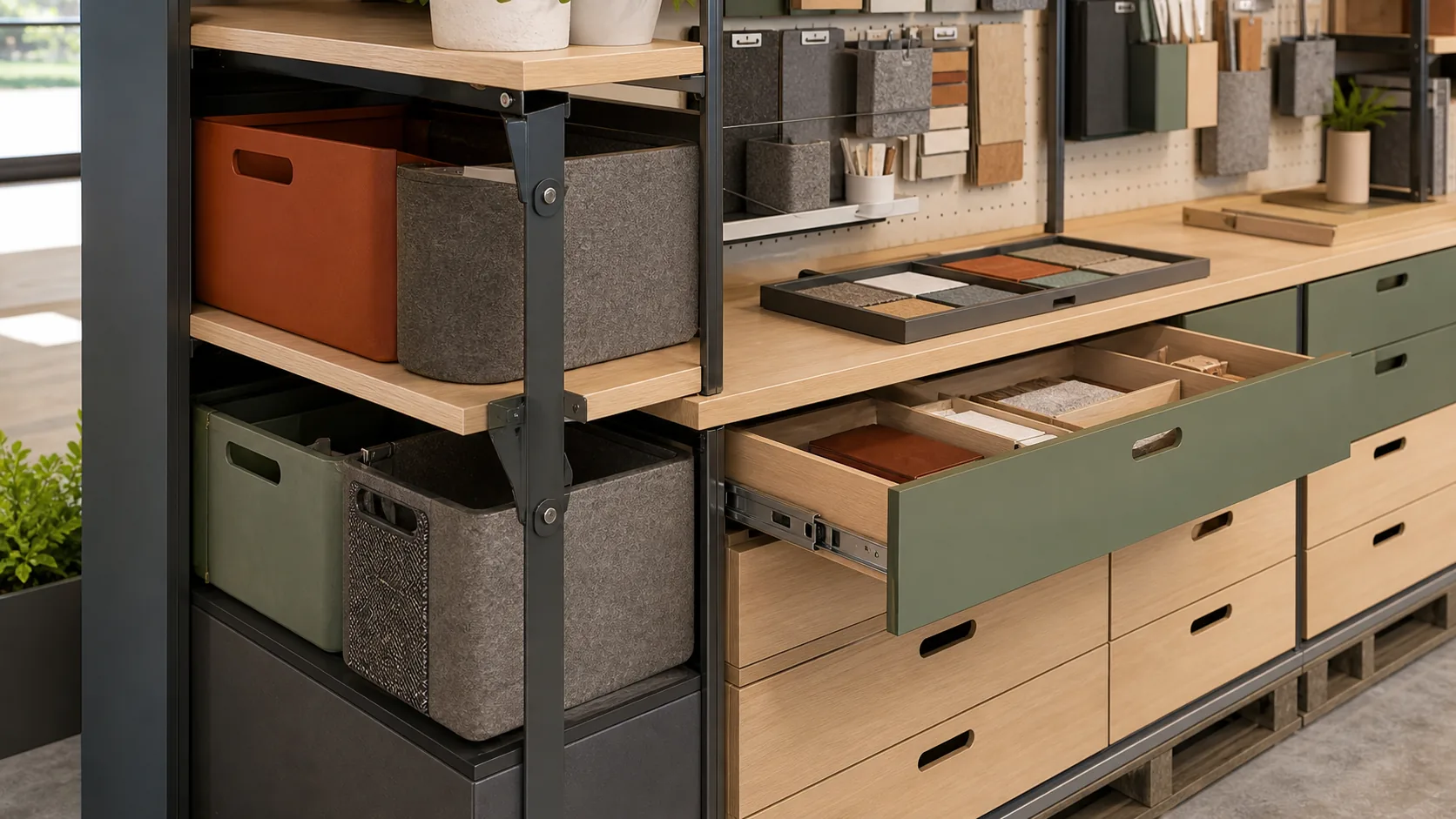 Load-bearing shelf drawer and flat-pack details for a fictional home organization display