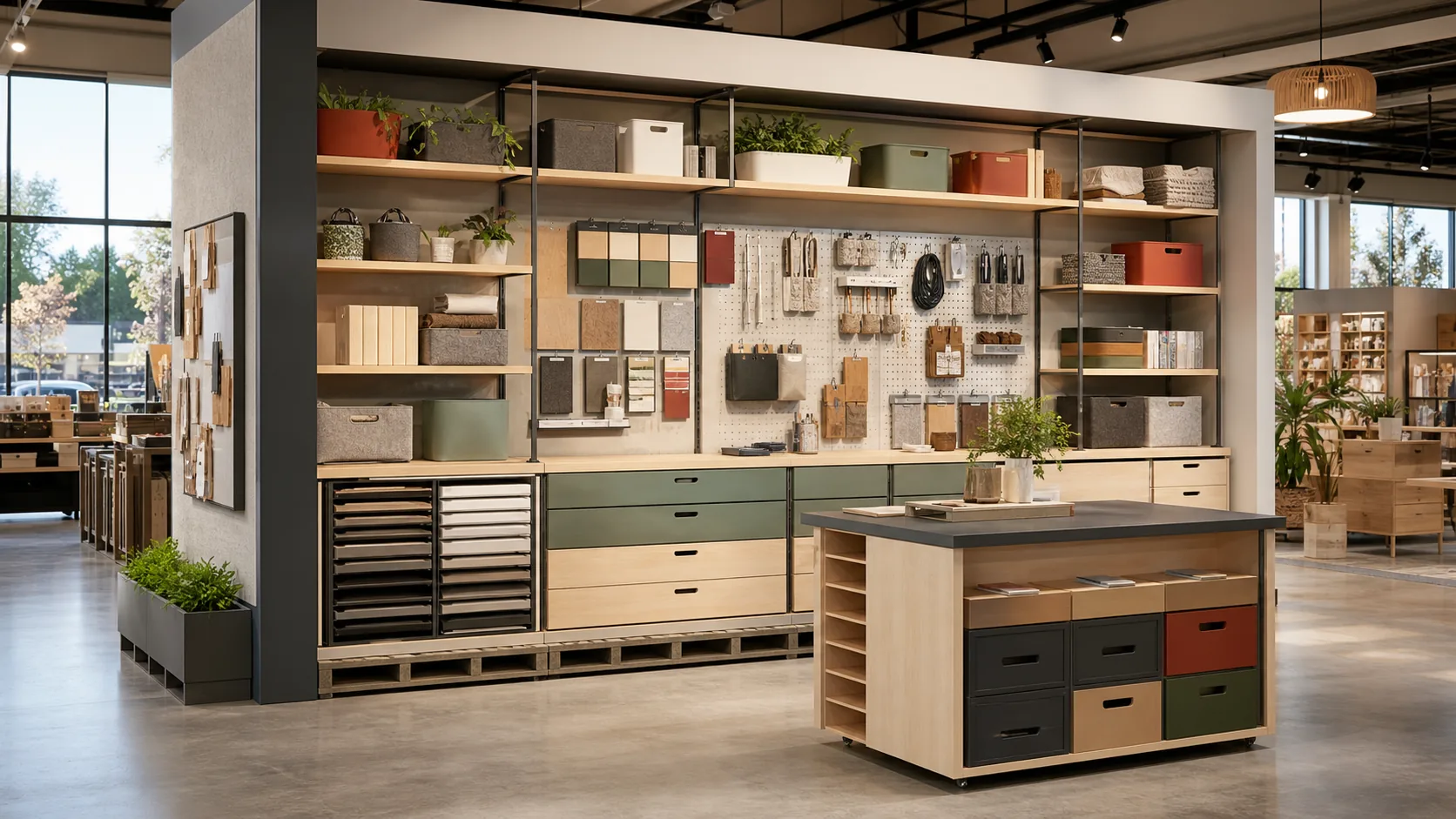 Fictional modular home organization launch bay in a contemporary retail showroom