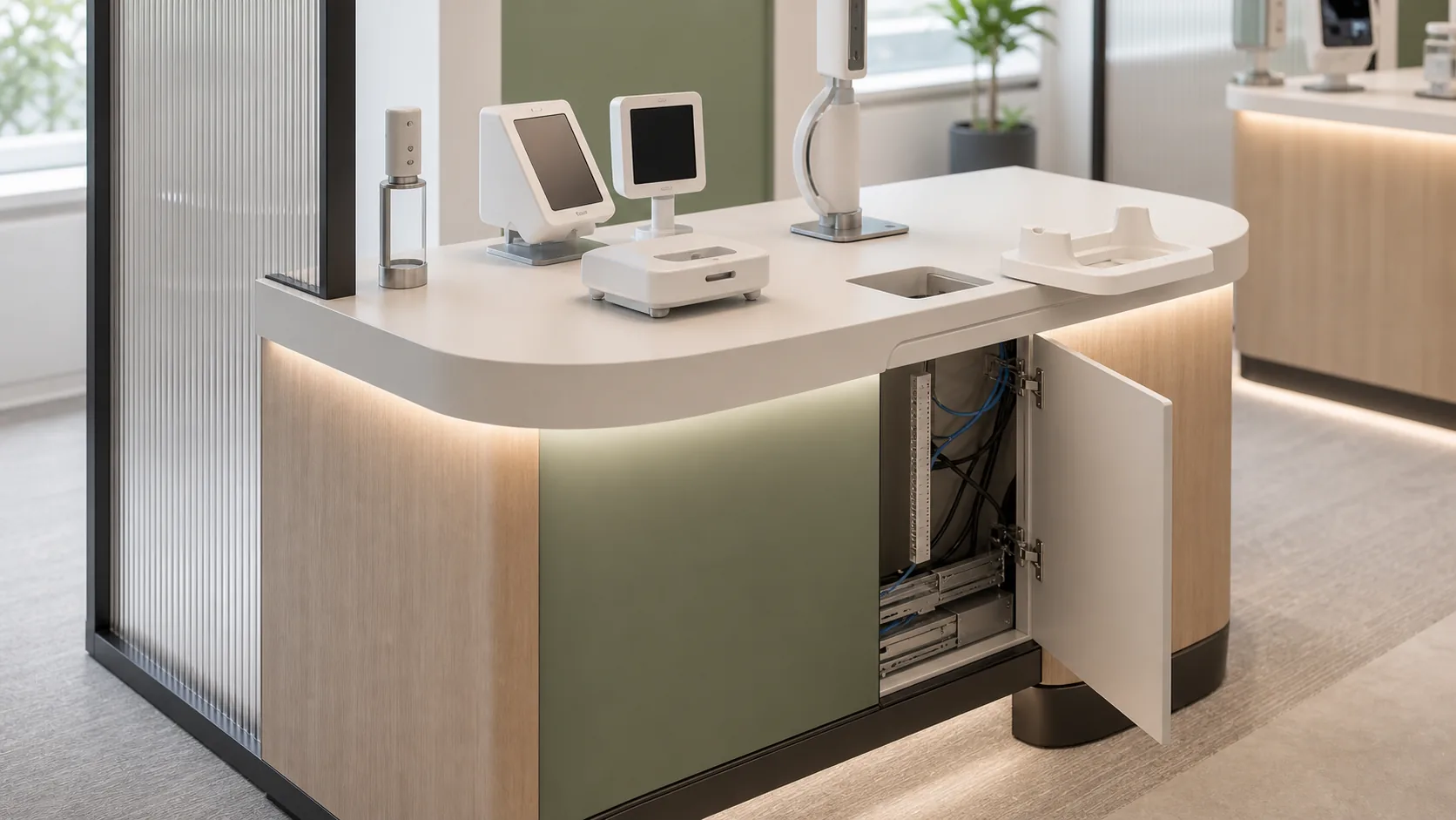 Cleanable material and service-access details for a fictional medical education display