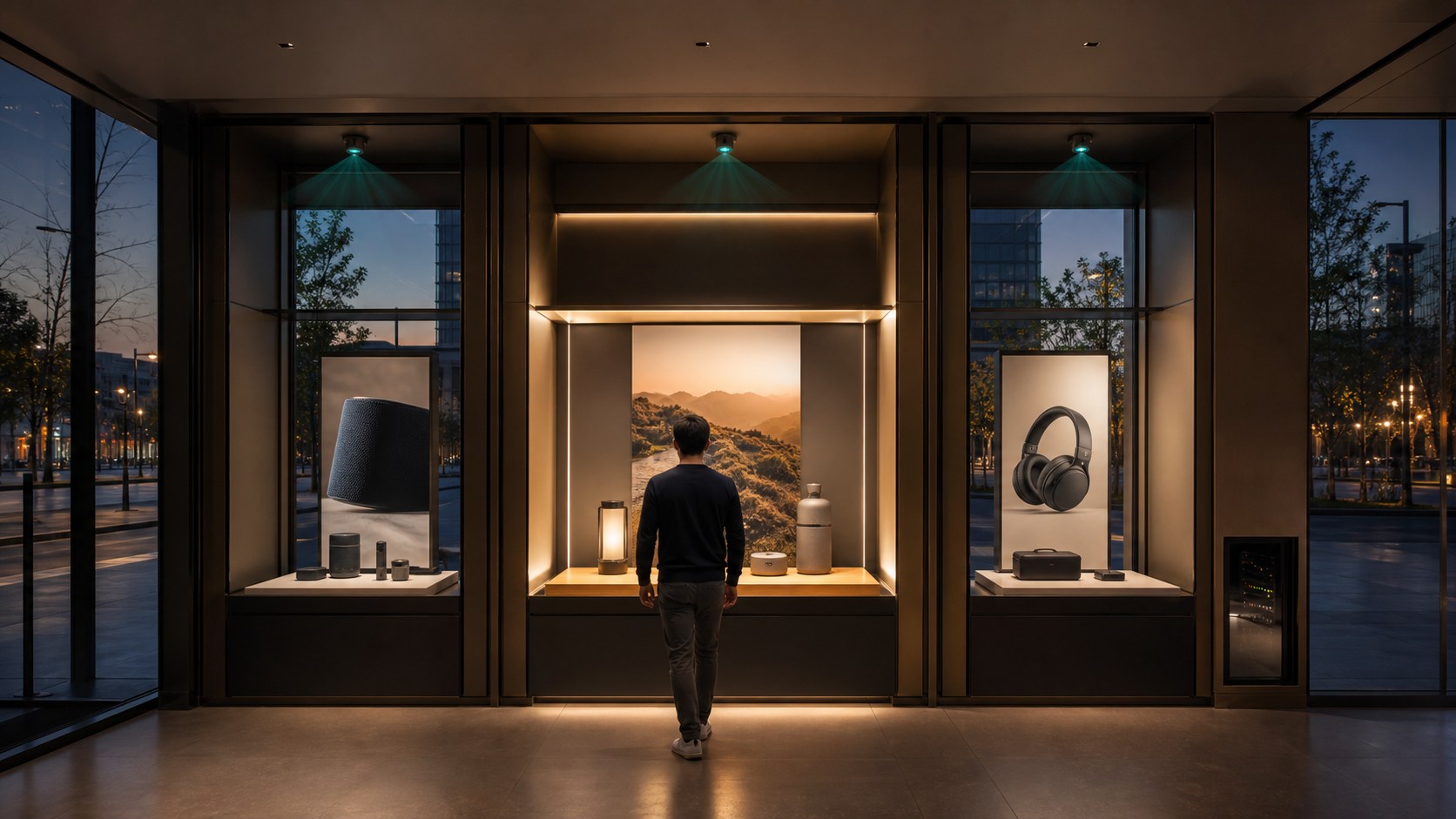 Representative wearable technology discovery fixture with multiple responsive visitor zones